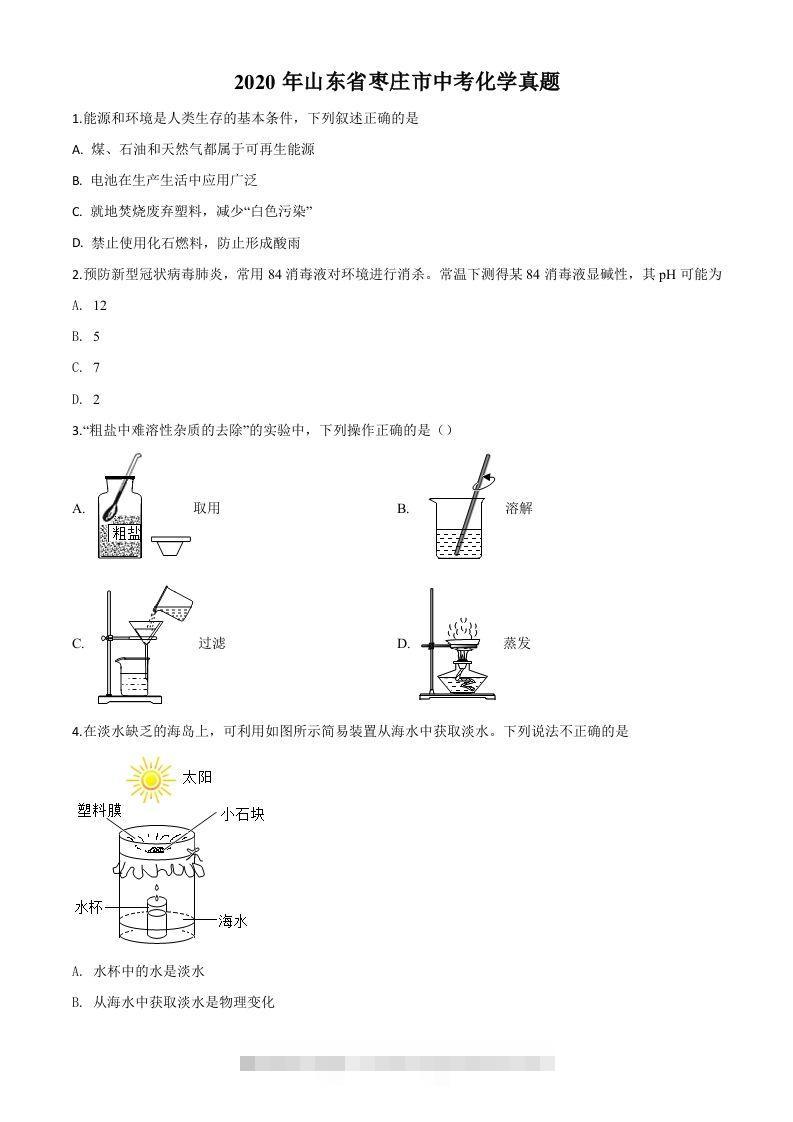 山东省枣庄市2020年中考化学试题（空白卷）-资源V站