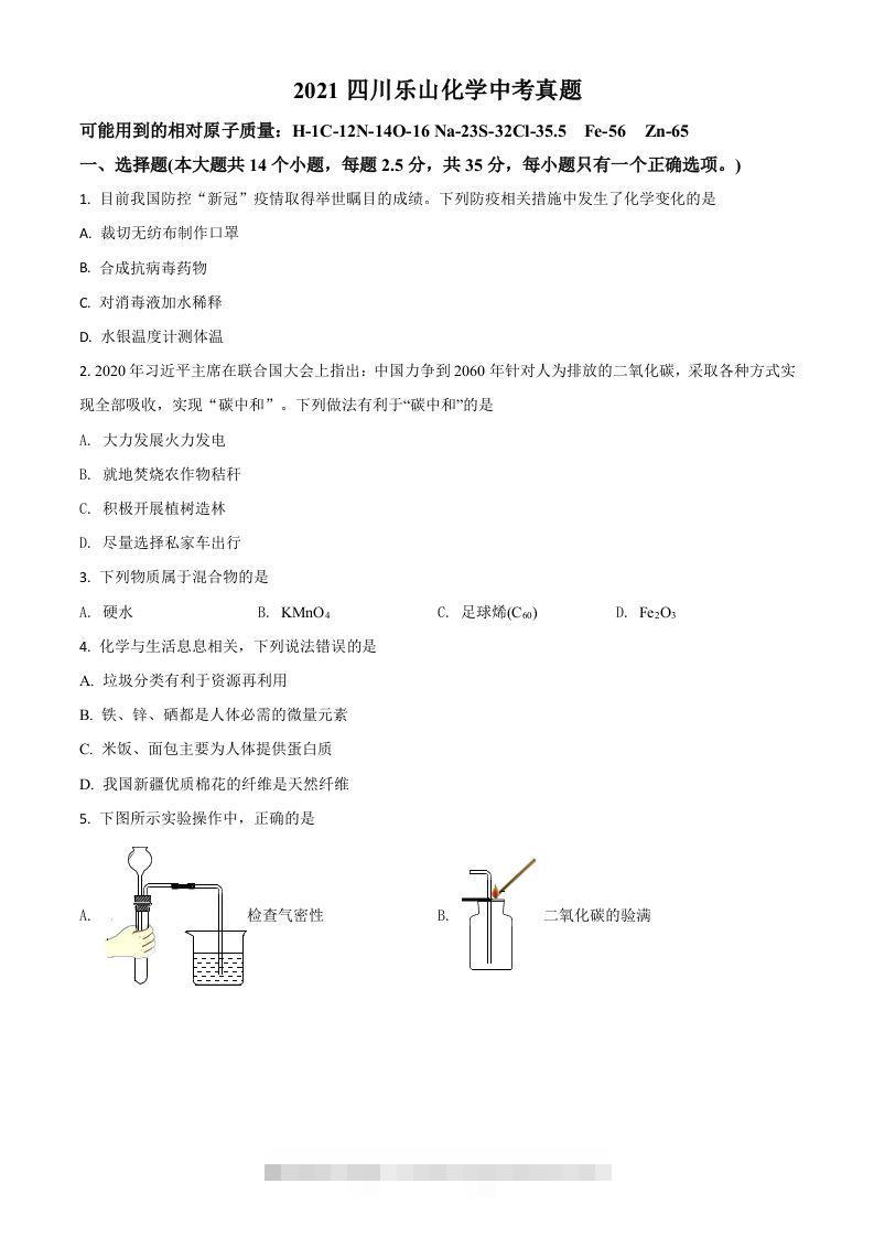 四川省乐山市2021年中考化学试题（空白卷）-资源V站