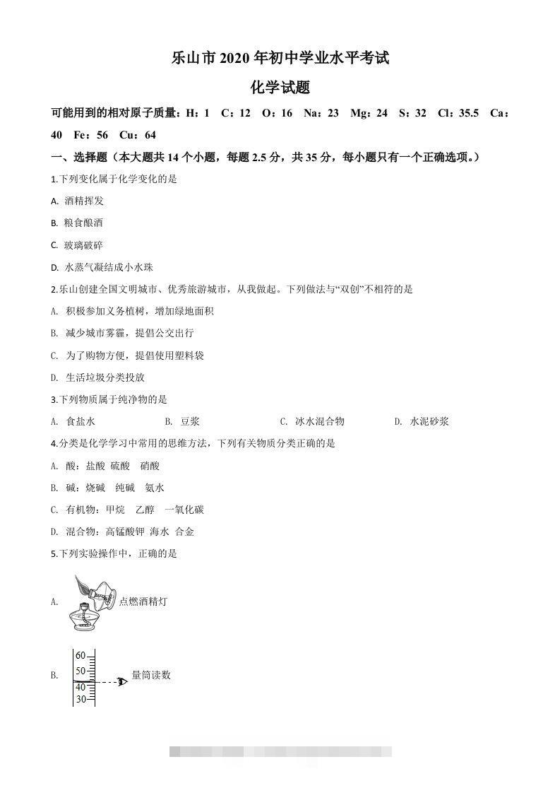 四川省乐山市2020年中考化学试题（空白卷）-资源V站