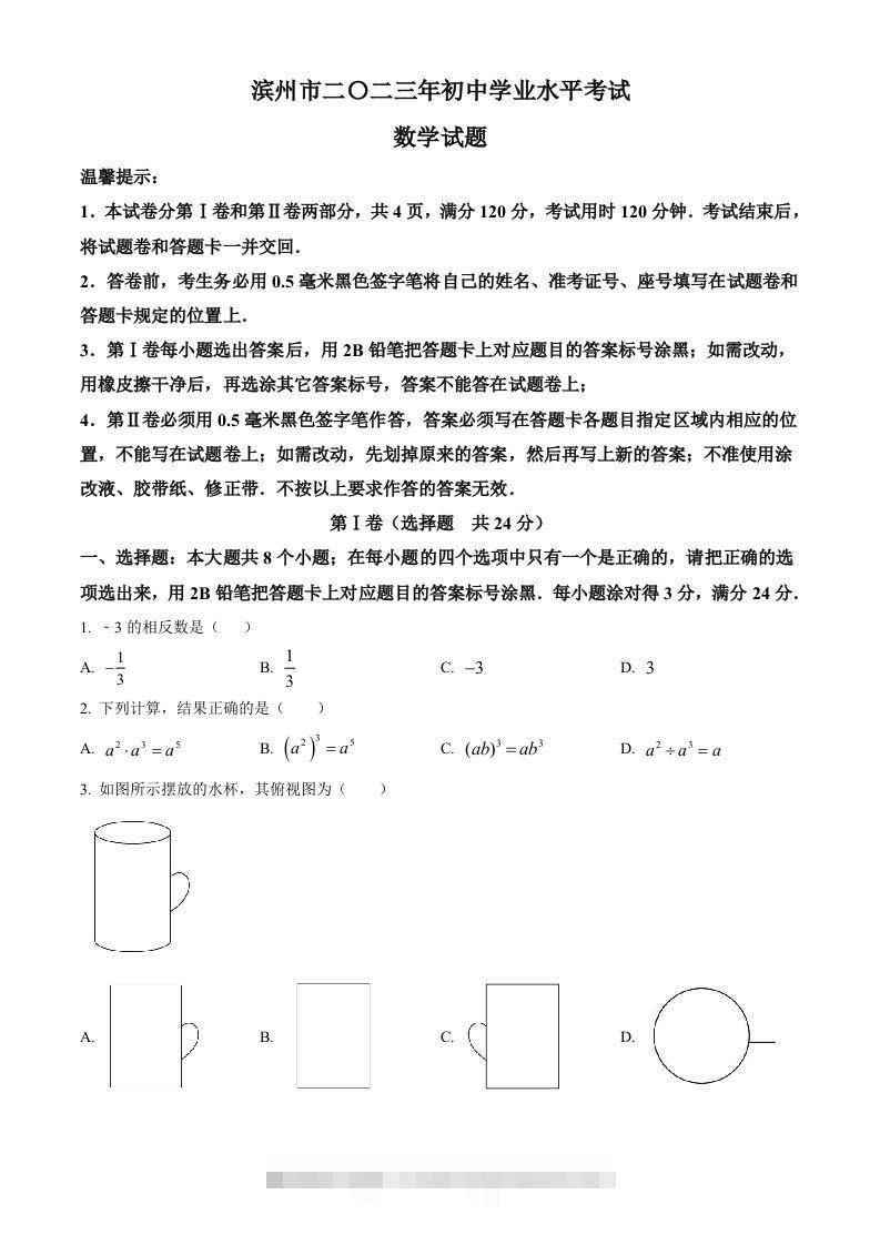 2023年山东省滨州市中考数学真题（空白卷）-资源V站