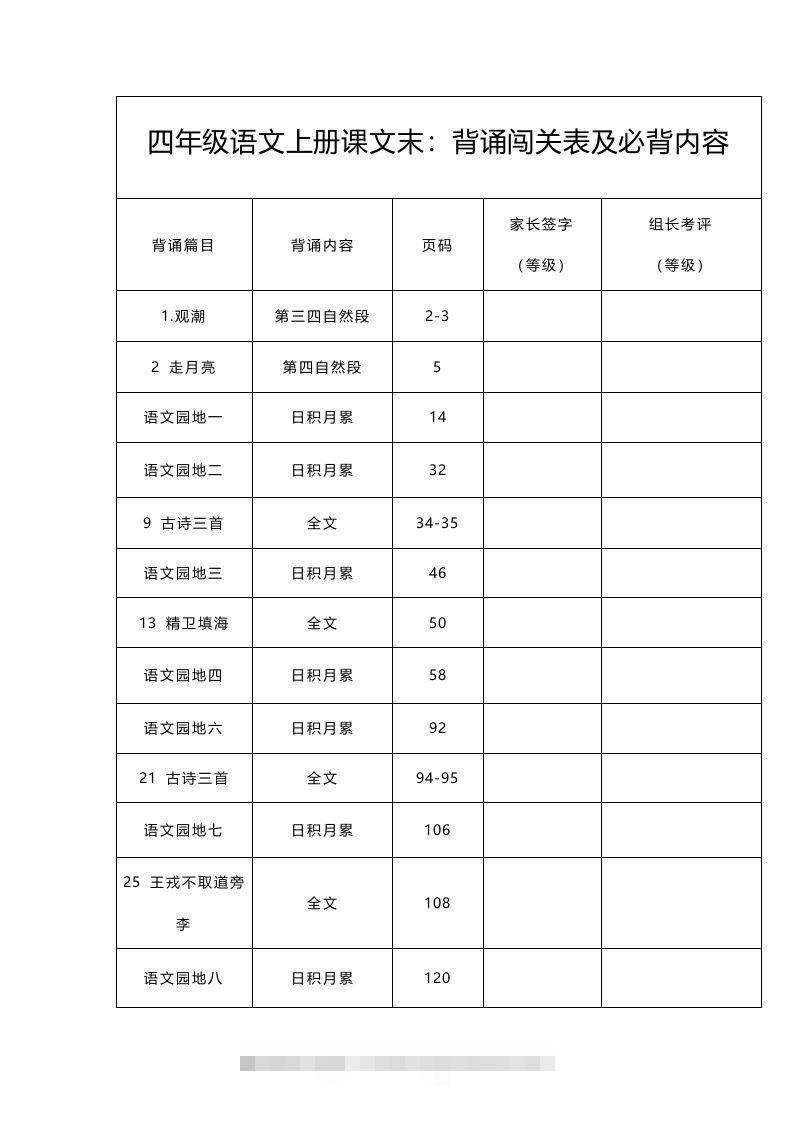 四（上）语文：背诵闯关表及必背内容-资源V站