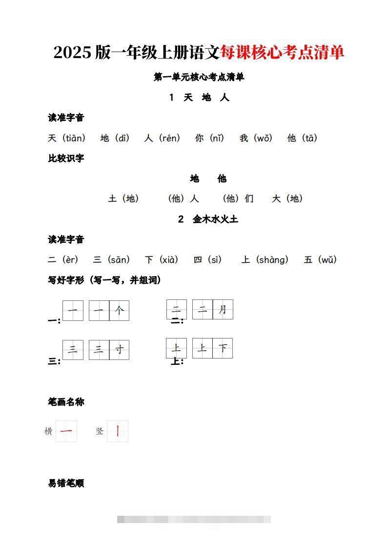 【2025版-每课核心考点清单】一上语文-资源V站