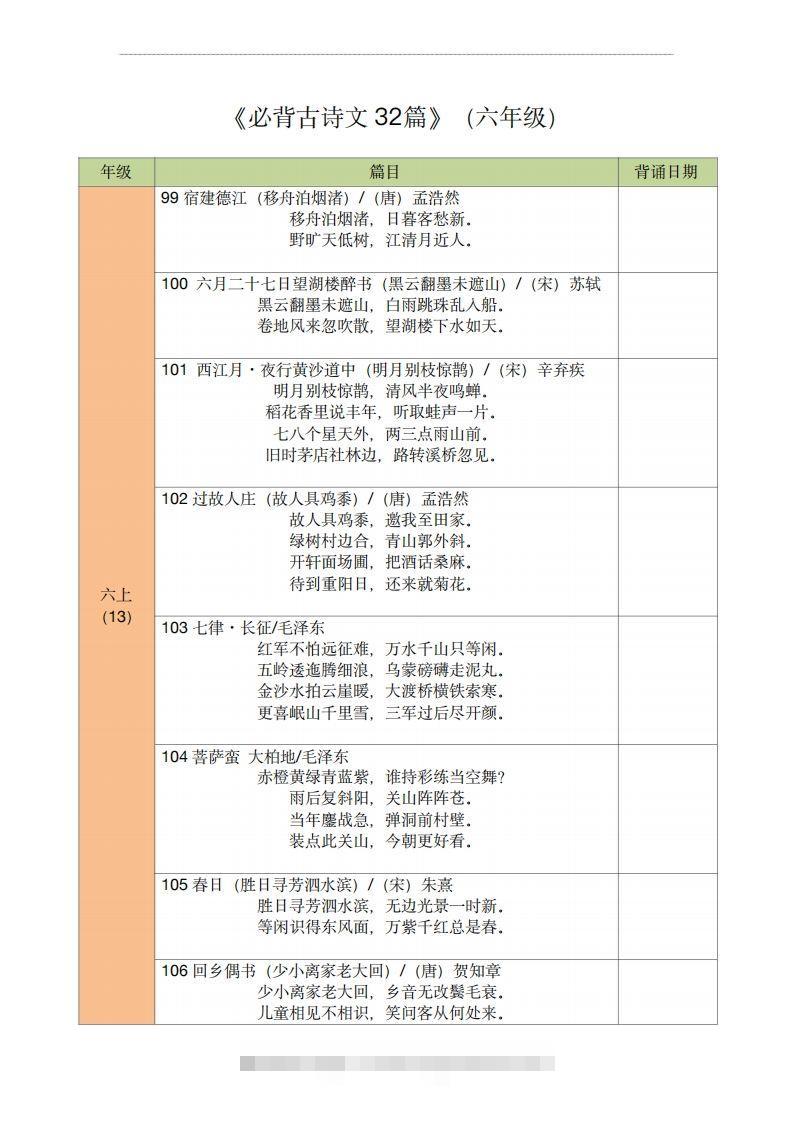 【古诗文背诵记录表】六年级语文-资源V站