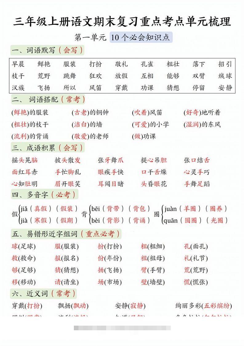 【期末复习1-8单元重点考点单元梳理】三上语文-资源V站
