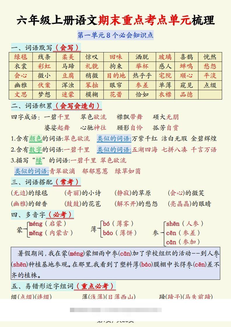 【期末重点考点单元梳理】六上语文-资源V站