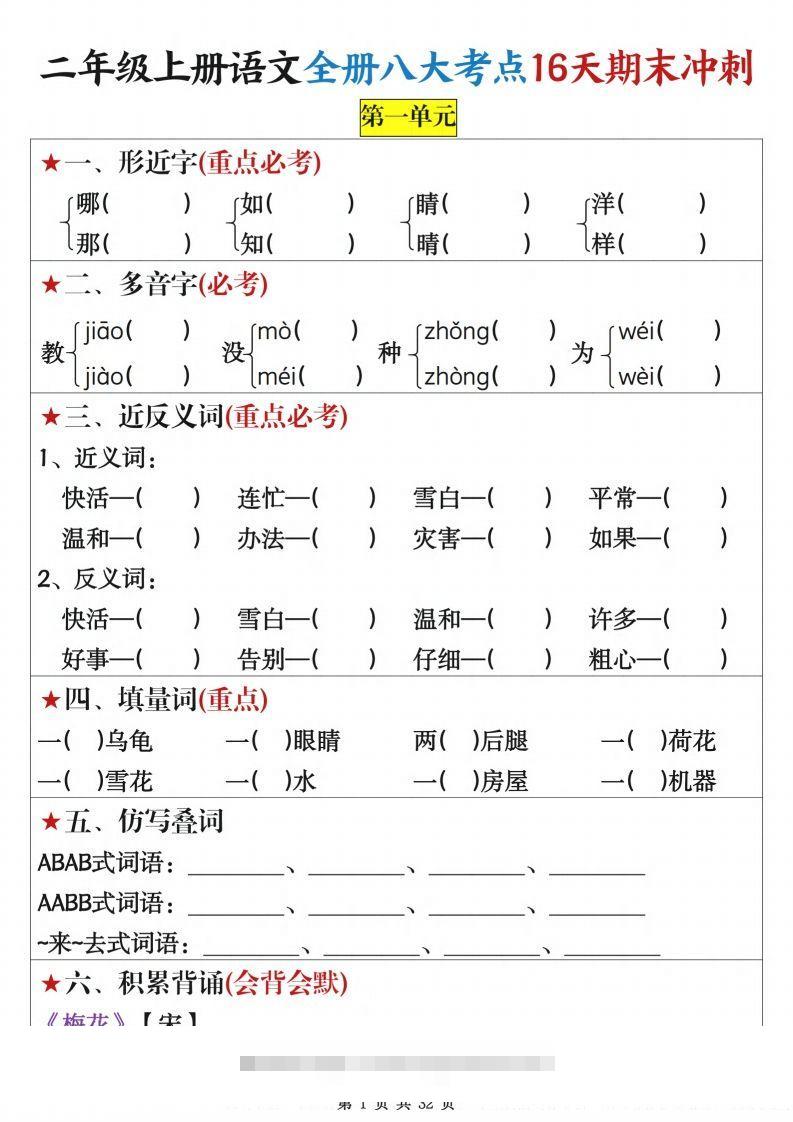 二上语文全册八大考点16天期末冲刺含答案32页-资源V站