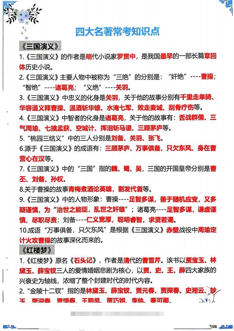 五年级下册语文四大名著常考知识点-资源V站