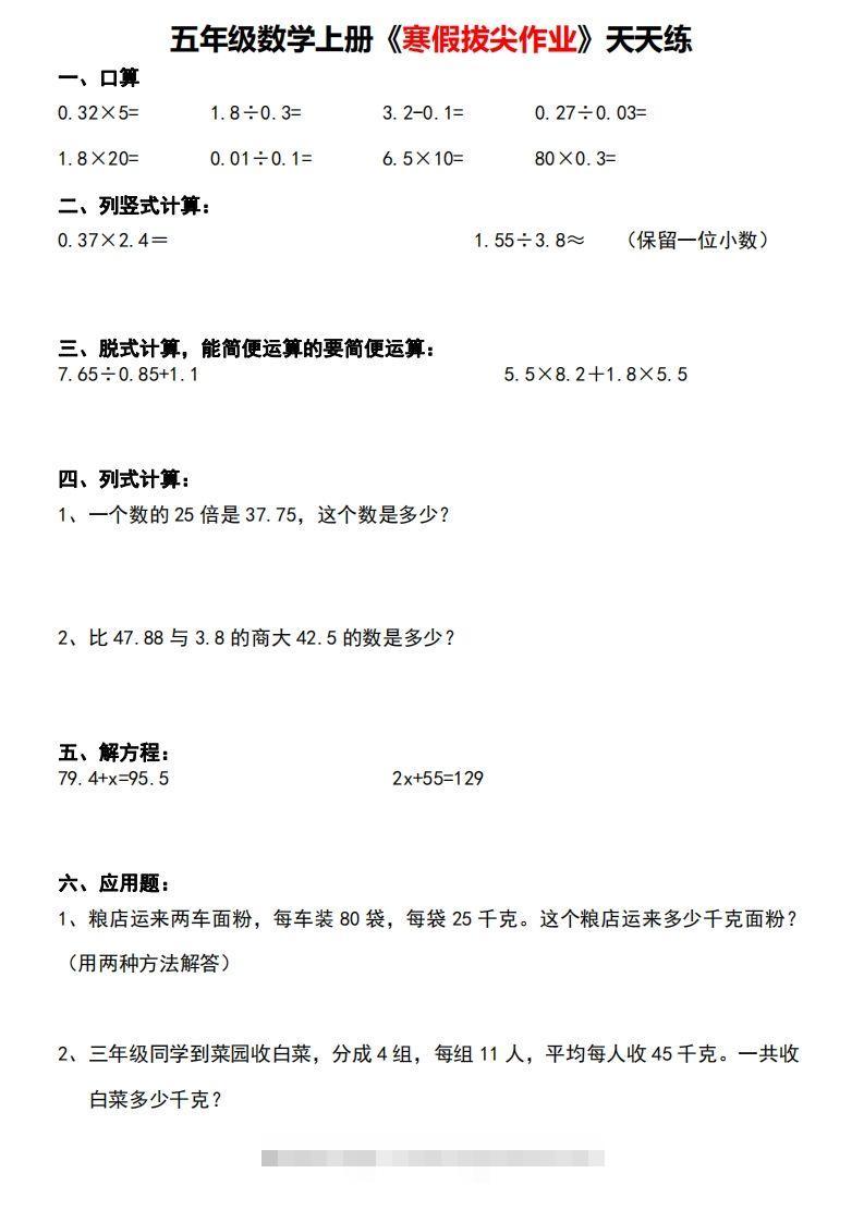 五年级下【数学寒假】拔尖作业天天练30天-资源V站