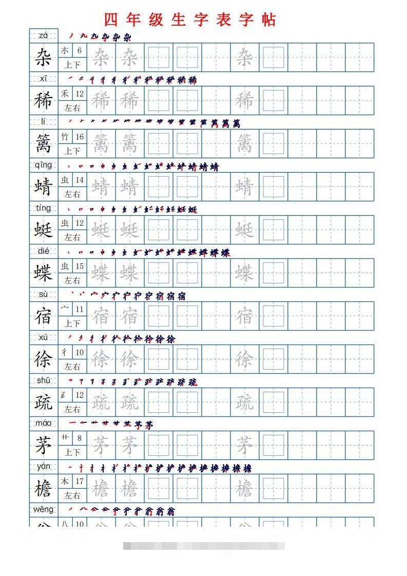 【生字表字帖250个（偏旁部首+笔顺+拼音21页）】四下语文-资源V站