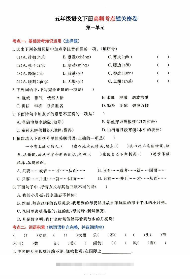 【高频考点通关密卷】五下语文-资源V站