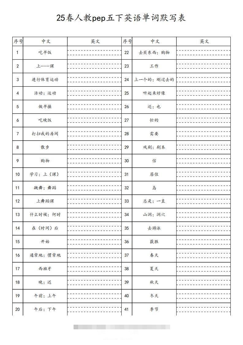 【默写】25春人教pep五下英语单词默写表（4页）-资源V站