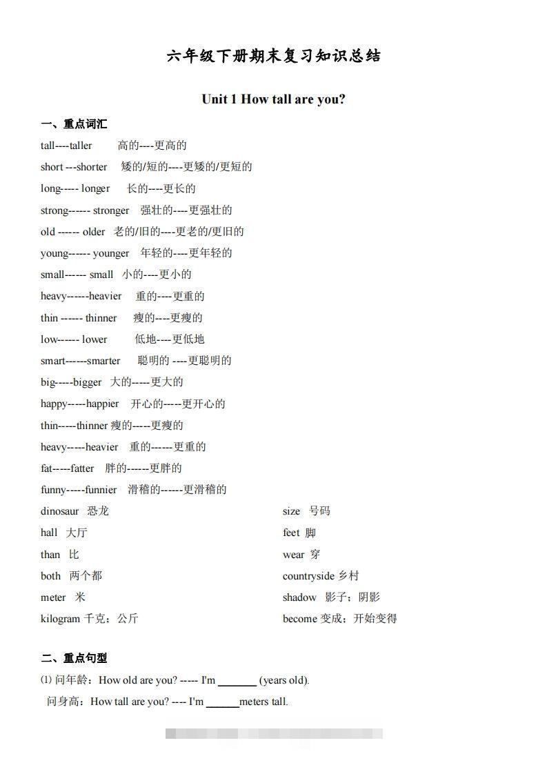 【知识点】六下人教版PEP英语期末复习知识总结-资源V站