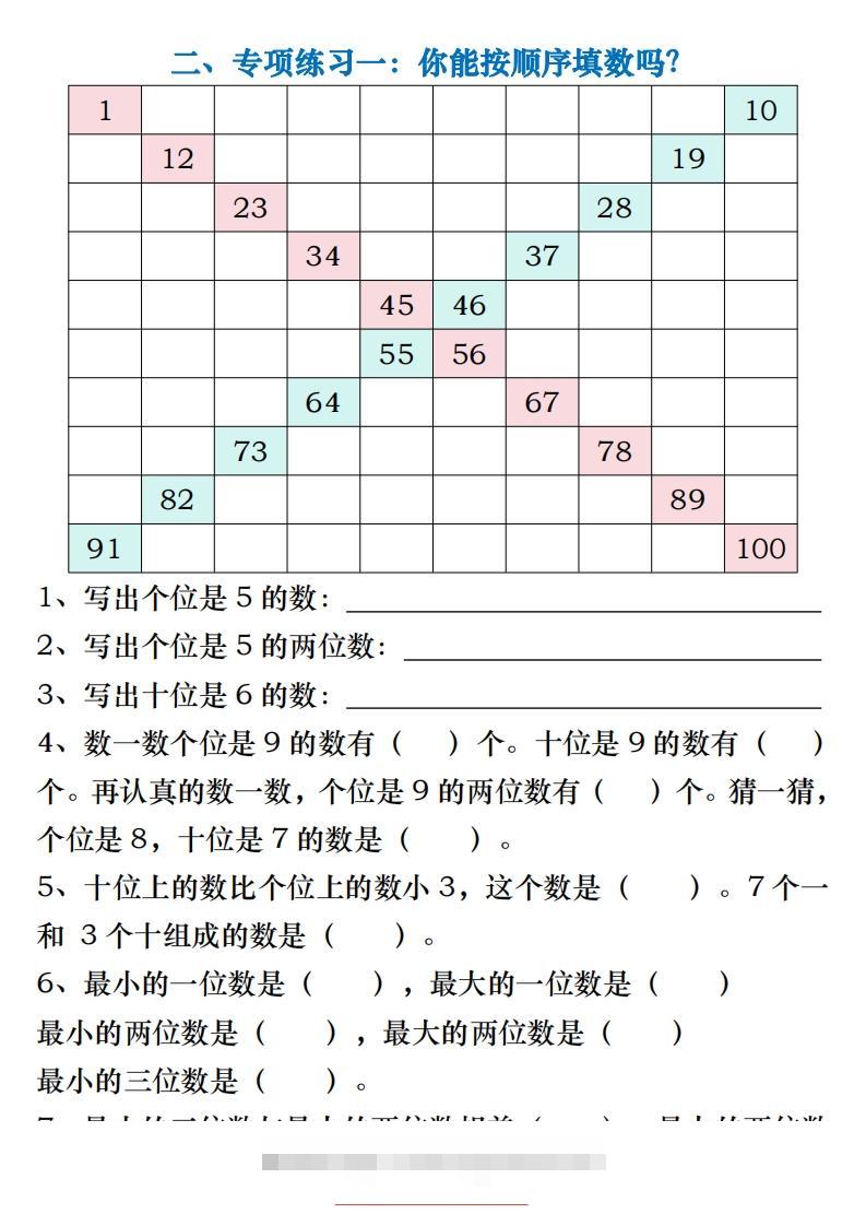 图片[2]-一下数学《百数表》易错专项练习强化训练（含答案20页）-资源V站