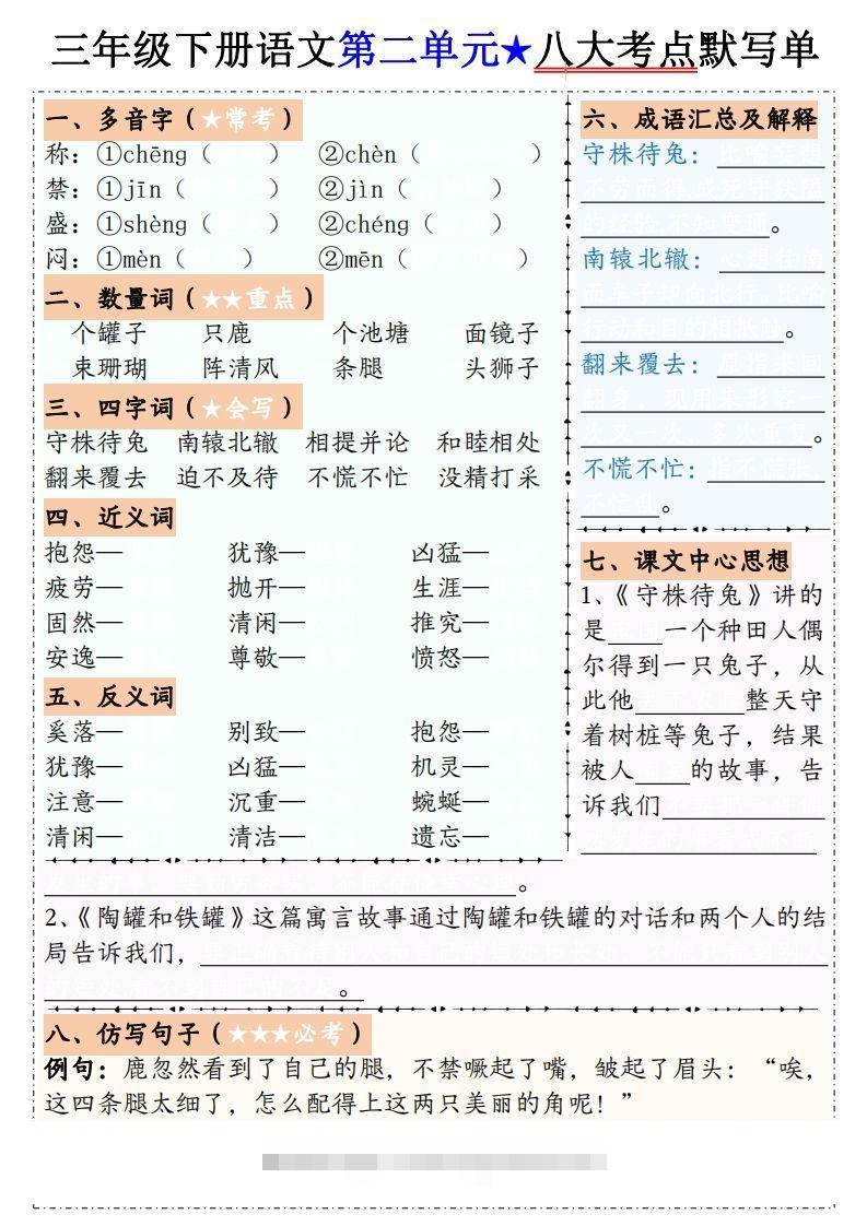 图片[2]-【默写单】三下语文1-8单元八大考点默写单（含答案16页）-资源V站