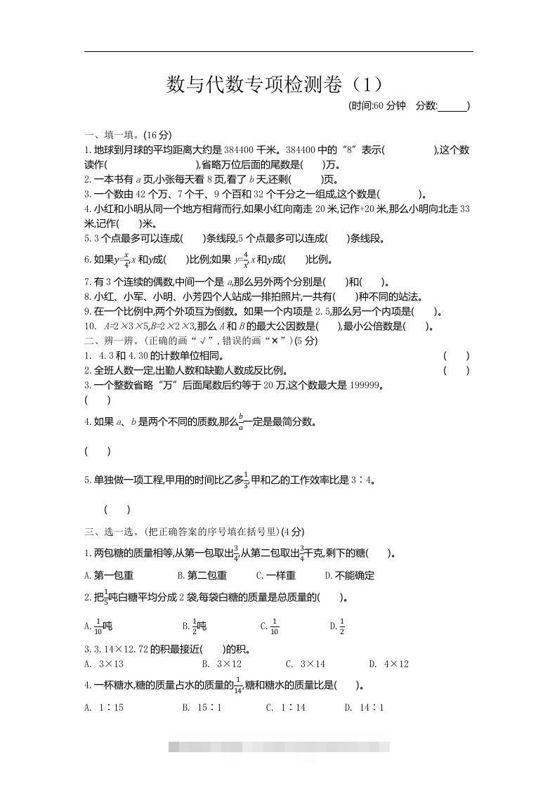 六下青岛63版数学期末数与代数专项检测卷（1）-资源V站