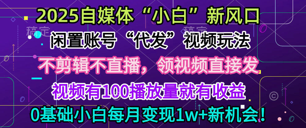 2025每月躺赚5w+新机会，闲置视频账号一键代发玩法，0粉不实名不剪辑，领了视频直接发，0基础小白也能日入300+-资源V站