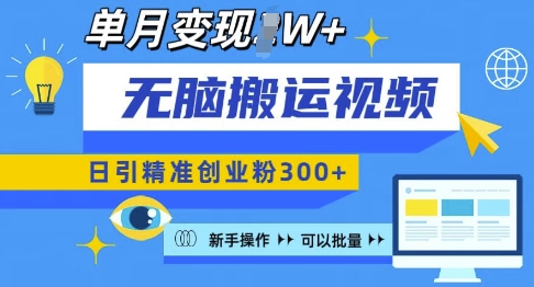 无脑搬运视频号可批量复制，新手即可操作，日引精准创业粉300+，月变现过W 【揭秘】-资源V站