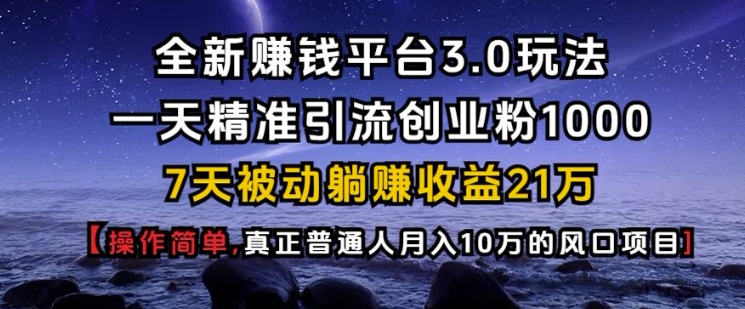 全新赚钱平台3.0玩法一天精准引流创业粉1000.7天被动躺Z收益21W【仅揭秘】-资源V站