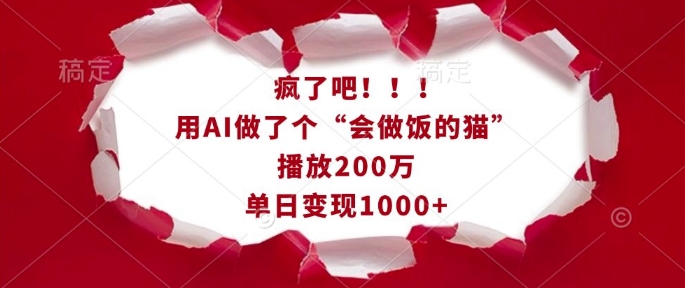 疯了吧！用AI做了个“会做饭的猫”，播放200万，单日变现1k-资源V站