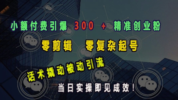 小额付费引爆 300 + 精准创业粉，零剪辑、零复杂起号，话术撬动被动引流，当日实操即见成效-资源V站