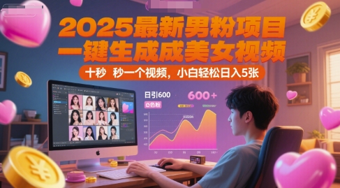 2025最新男粉项目，一键生成美女视频，日引600+色粉 十秒一个视频，小白轻松日入5张【揭秘】-资源V站