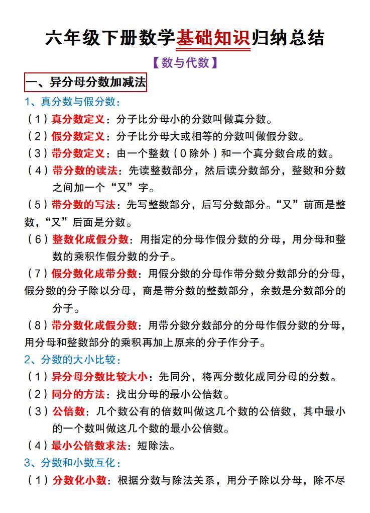 【冀教版】六年级下册数学基础知识归纳总结-资源V站