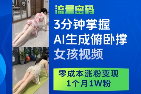 3分钟掌握AI生成俯卧撑女孩视频，零成本涨粉变现，1个月1W粉-资源V站