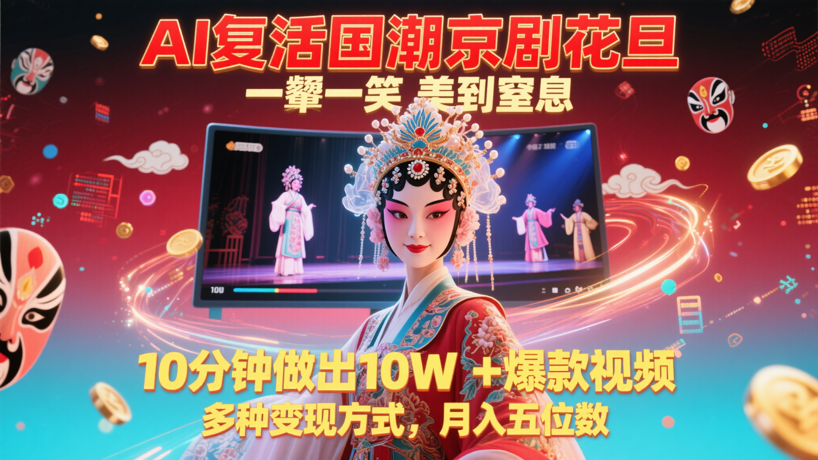 AI复活国潮京剧花旦，一颦一笑美到窒息，10分钟做出10W+爆款视频，多种变现方式-资源V站