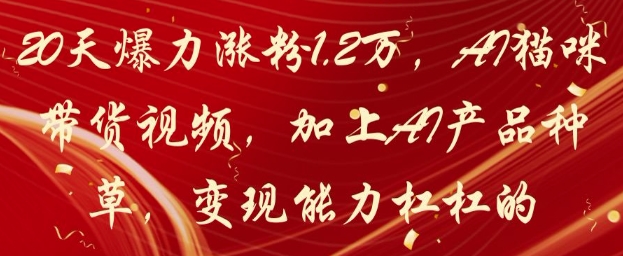 20天爆力涨粉1.2W，AI猫咪带货视频，加上AI产品种草，变现能力杠杠的-资源V站