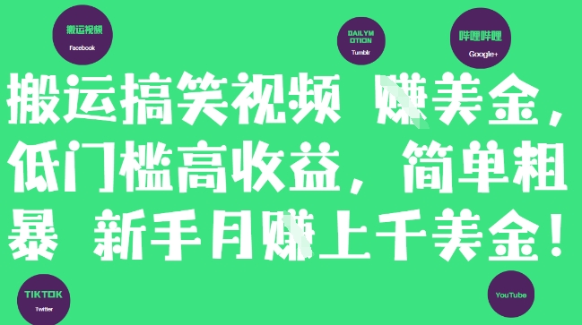 搬运搞笑视频挣美金，低门槛高收益，简单粗暴新手月入上千美刀-资源V站