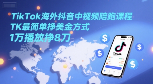 TikTok海外抖音中视频陪跑课程，TK最简单挣美金方式，1万播放挣8刀-资源V站