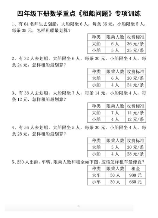 四下数学人教版《租船问题》专项训练-资源V站
