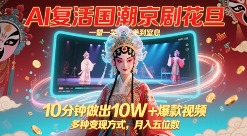 AI复活国潮京剧花旦，一颦一笑美到窒息，10分钟做出10W+爆款视频，多种变现方式，月入五位数-资源V站