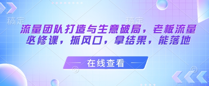 流量团队打造与生意破局，老板流量必修课，抓风口，拿结果，能落地-资源V站