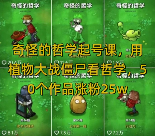 奇怪的哲学起号课，用植物大战僵尸看哲学，50个作品涨粉25w，暴力撸收益，全平台均可发布-资源V站