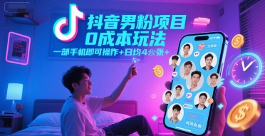 抖音男粉项目0成本玩法，一部手机即可操作，日均4张+，时间自由-资源V站