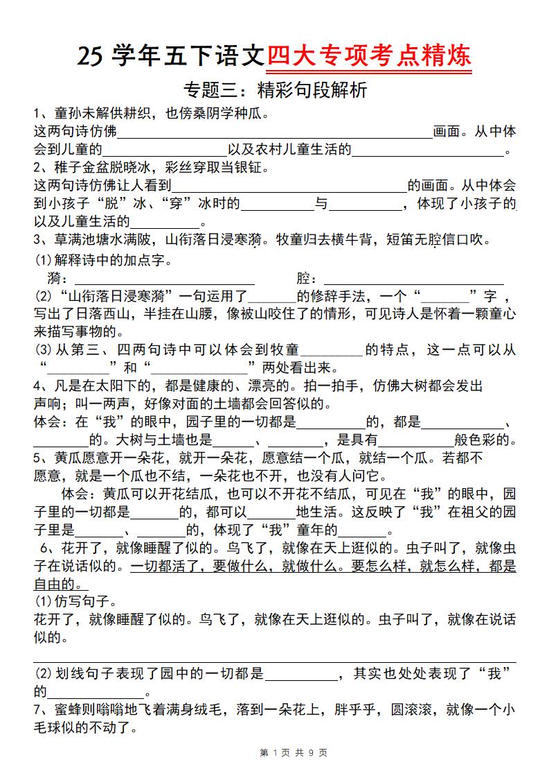 25学年五下语文四大专项考点精炼（专题三：精彩句段解析）-资源V站