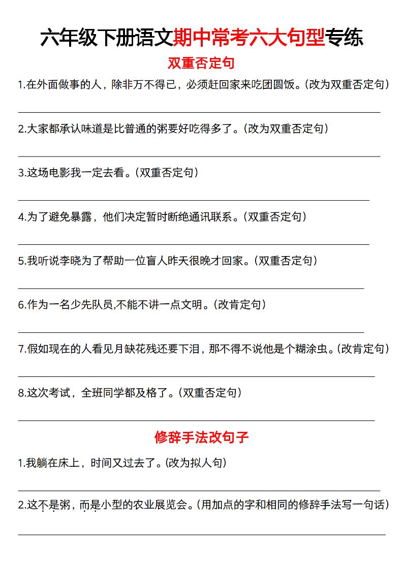 六下语文《语文六大句型期中考点专练》-资源V站