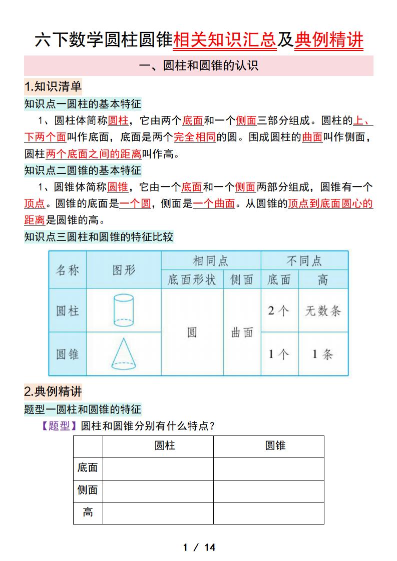 六下数学圆柱圆锥相关知识汇总及典例精讲-资源V站