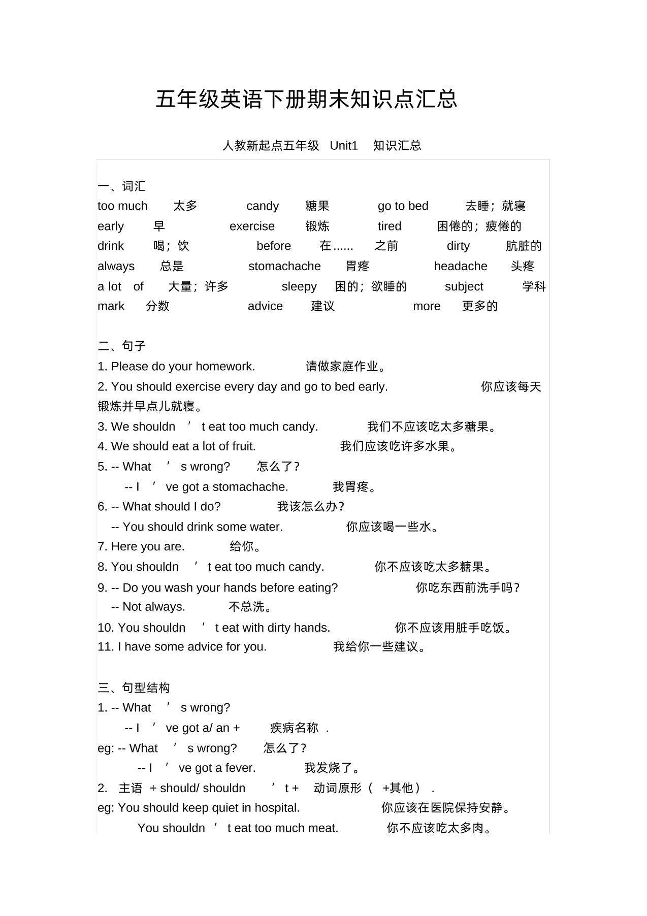 五年级英语下册期末知识清单汇总(人教新起点)-资源V站