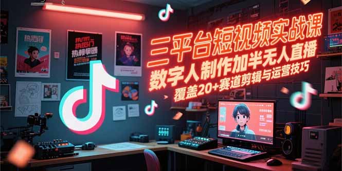 三平台短视频实战课，数字人制作加半无人直播，覆盖20+赛道剪辑与运营技巧-资源V站