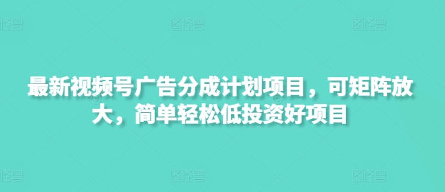 最新视频号广告分成计划项目，可矩阵放大，简单轻松低投资好项目-资源V站