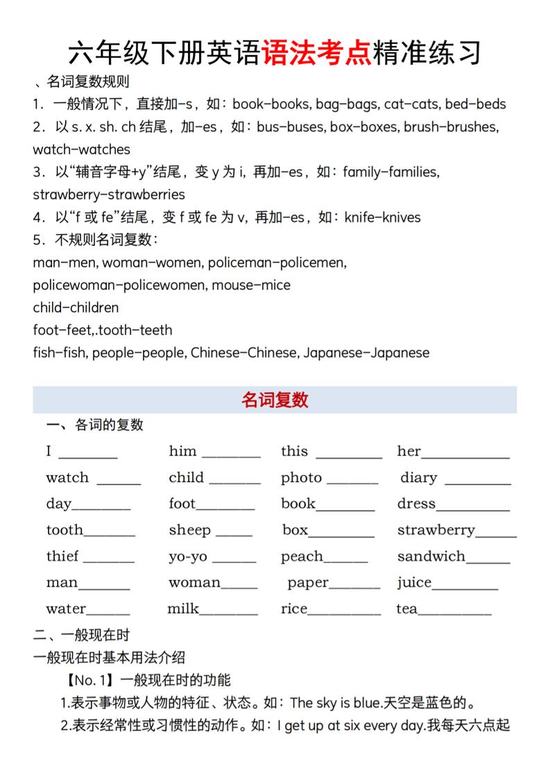【英语】【通用】六年级下册英语语法考点精准练习-资源V站
