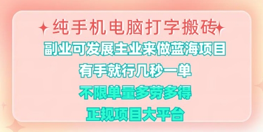 纯手机电脑打字搬砖，有手就行，几秒一单，多劳多得，正规项目大平台【揭秘】-资源V站