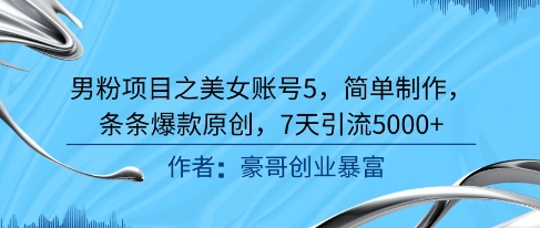 男粉项目之美女账号5，简单制作，条条爆款原创，7天引流5000+-资源V站