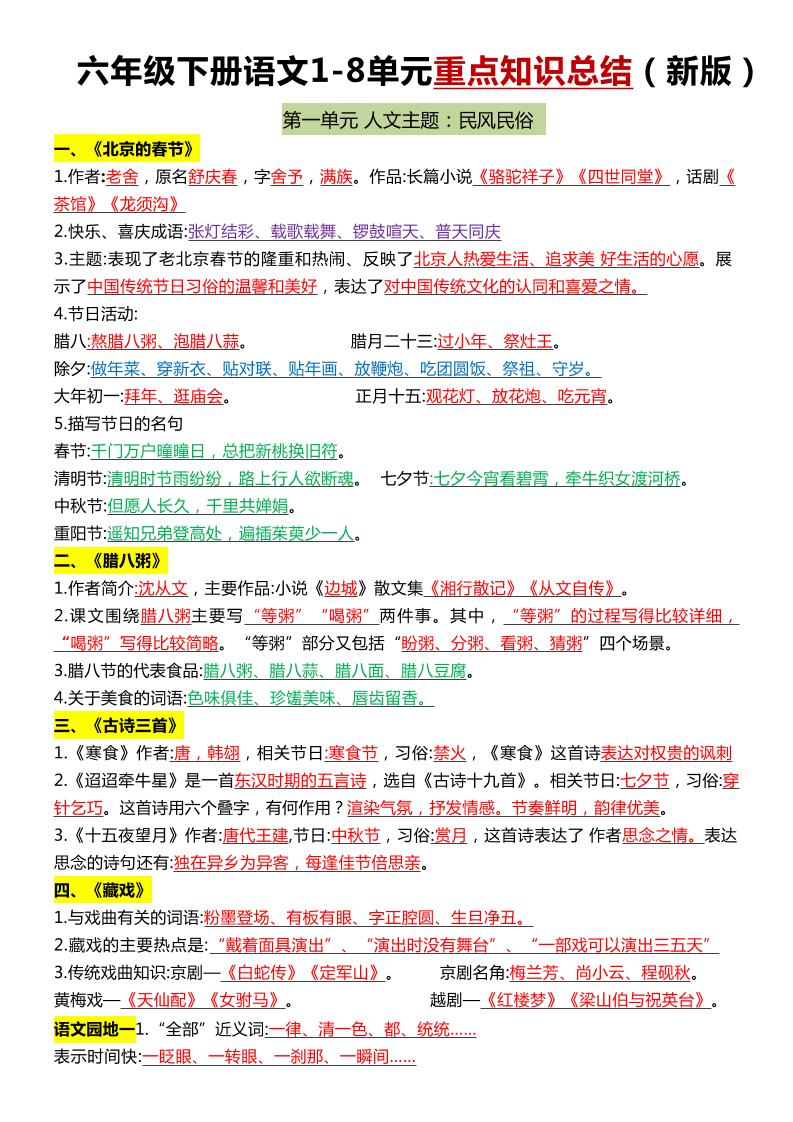 六年级下语文1-8单元常考知识点总结-资源V站